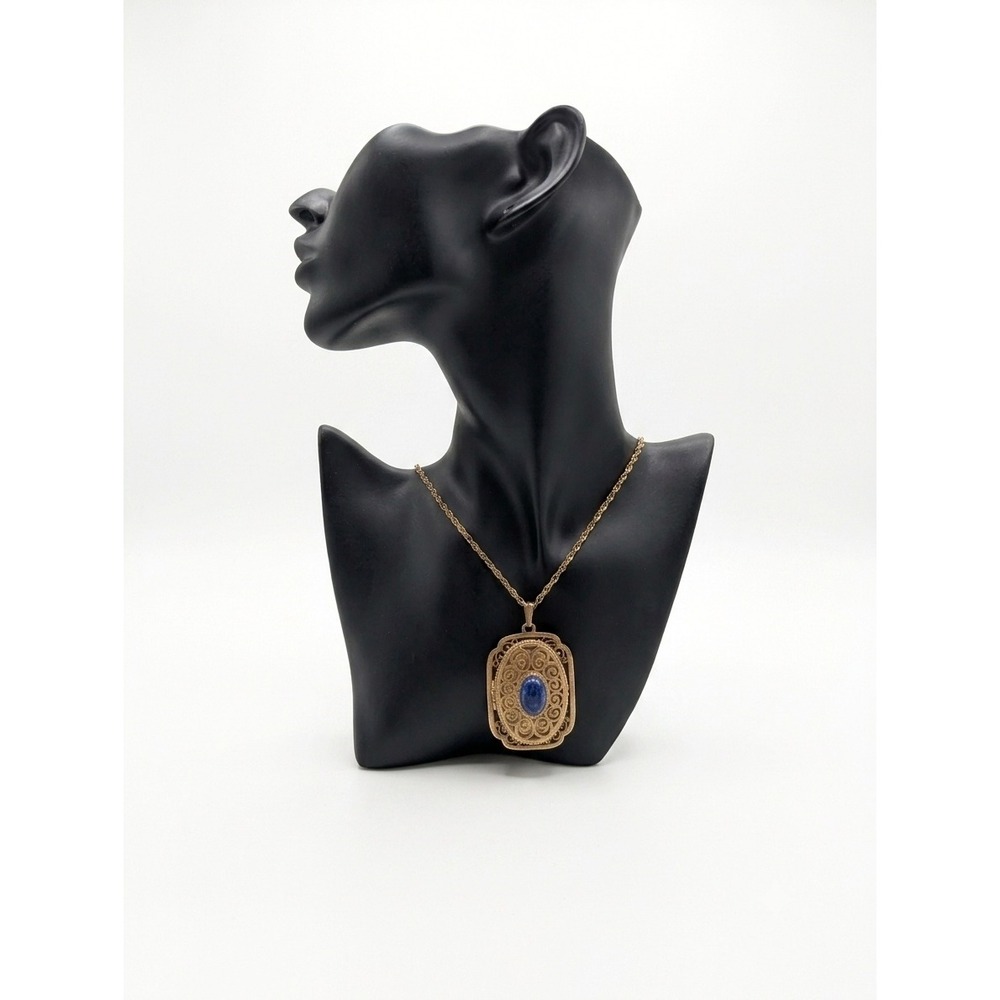 Vintage 1970s Avon Blue Cabochon Filigree Locket Necklace